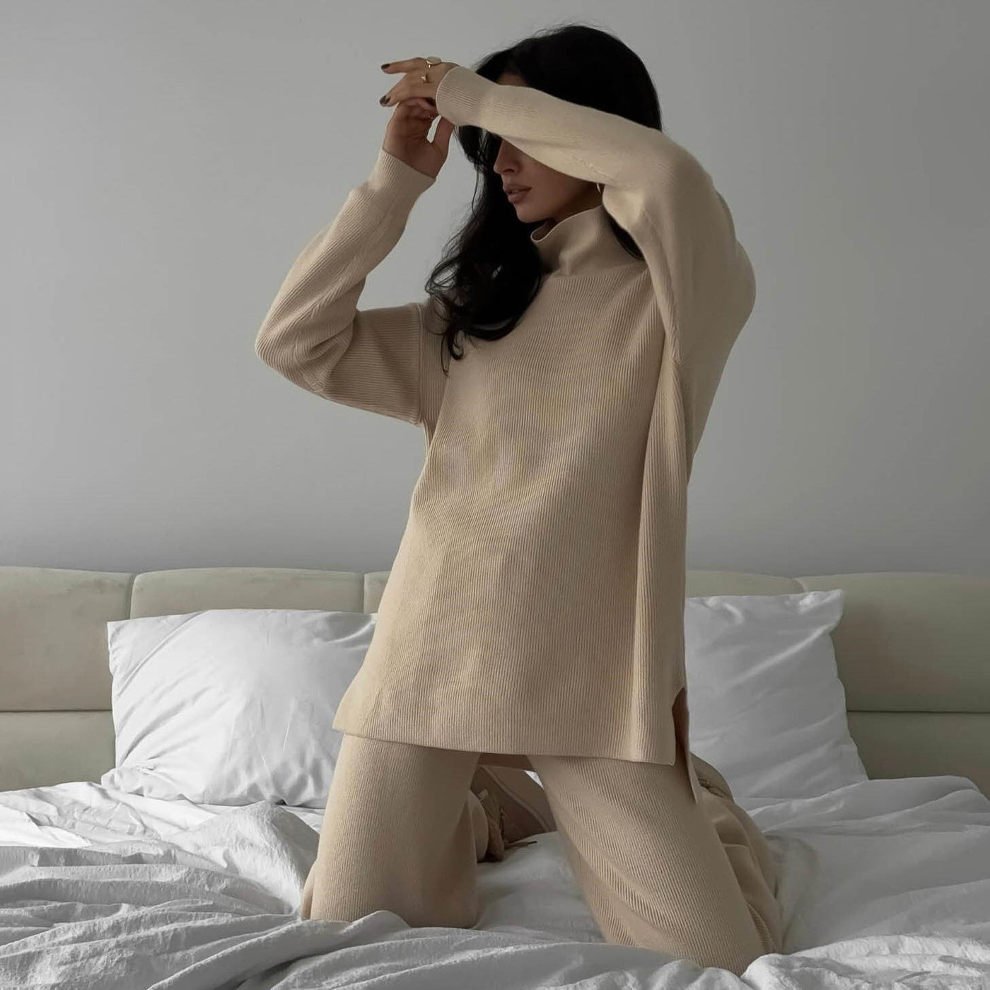 Damen Loungewear Set Strick Mit Hohem Kragen