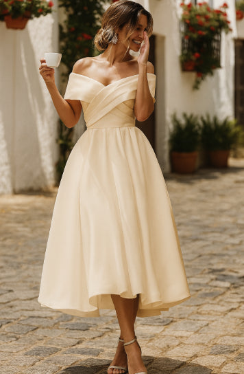 Damen Midi Kleid Schulterfrei Elegant