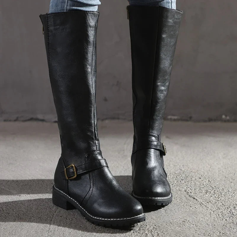 Damen Stiefel Hochwertiges Leder Kniehoch mit Schnallendetails