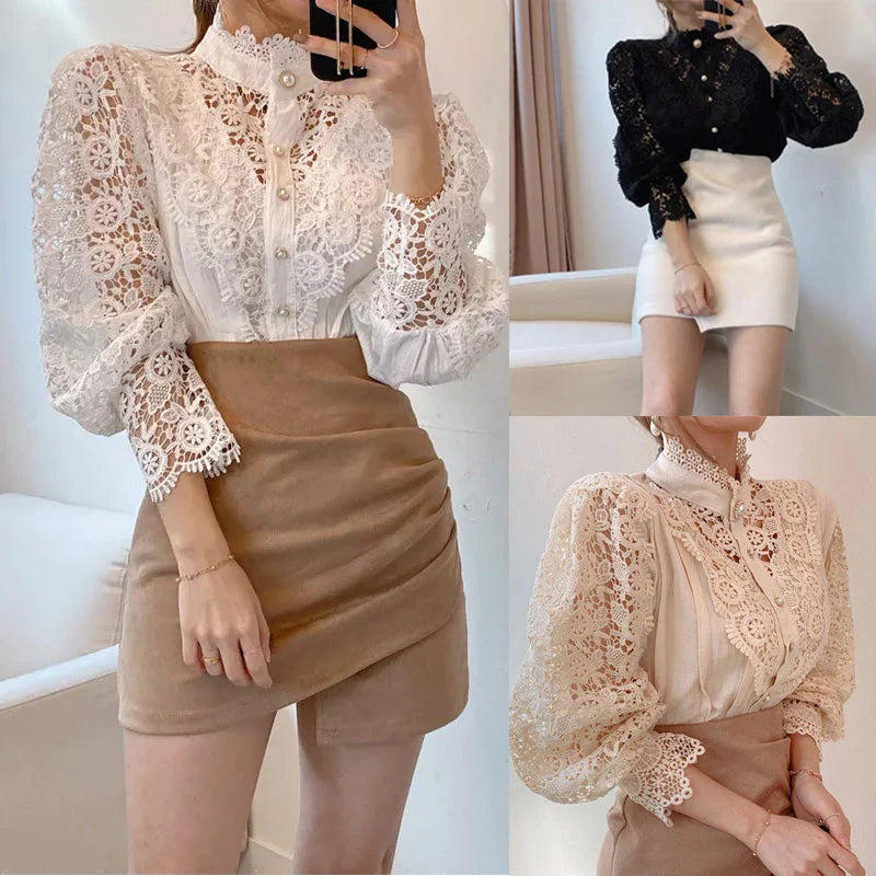 Damenbluse mit Blumenmuster und hohem Ausschnitt