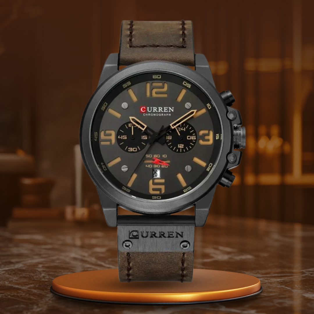Elegante Herren Quarzuhr Mit Chronograph, Lederarmband, 3ATM Wasserdicht, Schockresistent