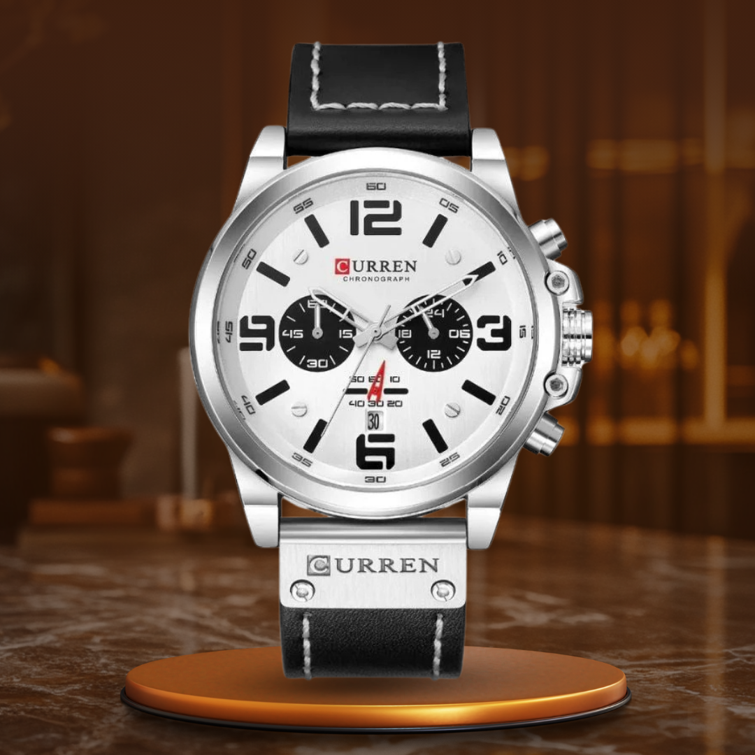 Elegante Herren Quarzuhr Mit Chronograph, Lederarmband, 3ATM Wasserdicht, Schockresistent