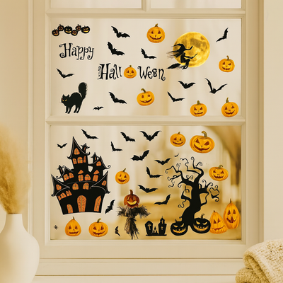Gloomora | Halloween-Fensteraufkleber-Set mit Fledermäusen und Skeletten