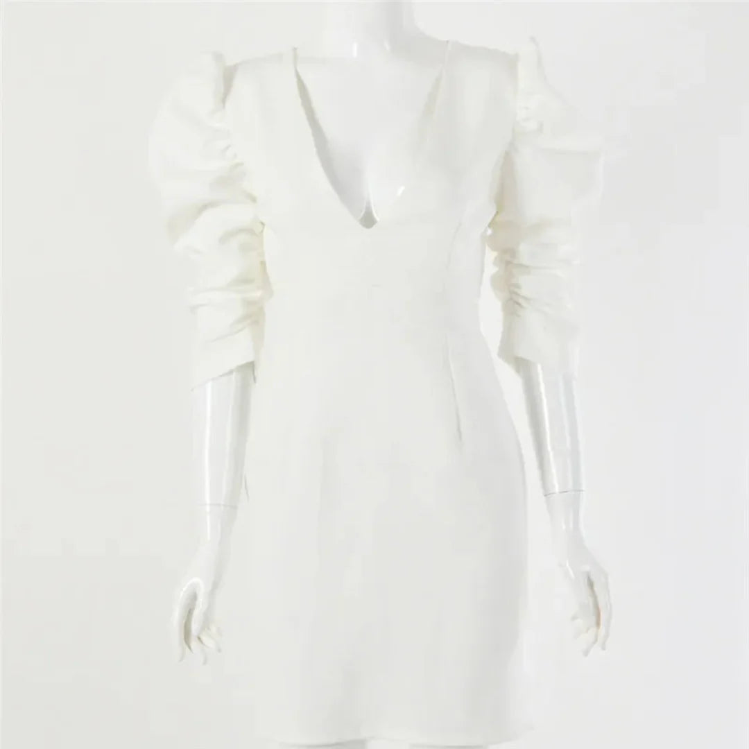 Damen V-Ausschnitt Puffärmel Kleid | Mini