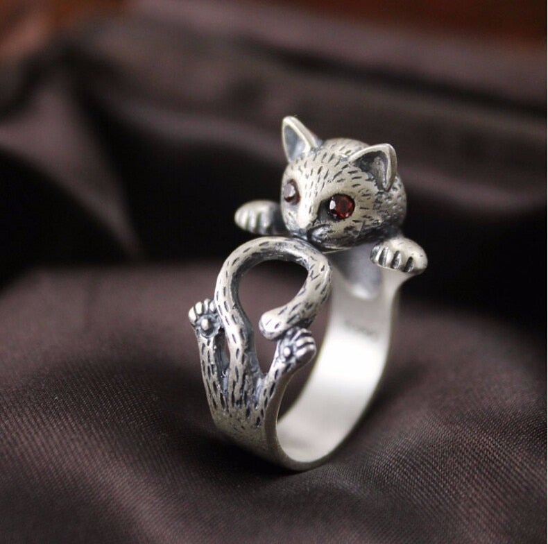 Verstellbarer handgemalter Katzenring aus 925 Sterling Silber