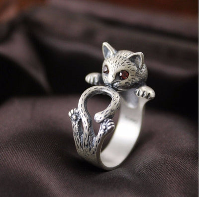 Verstellbarer handgemalter Katzenring aus 925 Sterling Silber