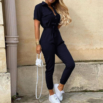 Damen Jumpsuit – Taillierter Schnitt mit Gürtel – Kurzarm – Streifenmuster – Knopfleiste