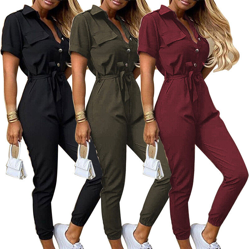 Damen Jumpsuit – Taillierter Schnitt mit Gürtel – Kurzarm – Streifenmuster – Knopfleiste