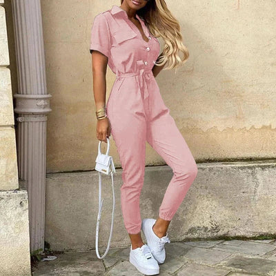 Damen Jumpsuit – Taillierter Schnitt mit Gürtel – Kurzarm – Streifenmuster – Knopfleiste
