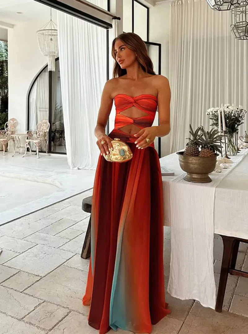 Maxi Sommerkleid mit Cut-Outs & Bandeau-Top – Farbverlauf Rot-Orange
