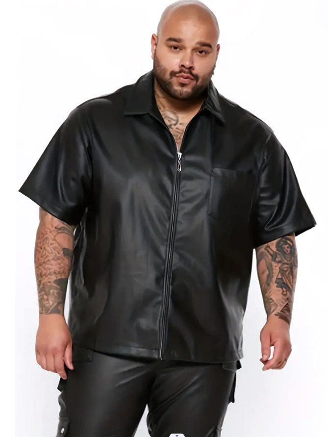 Herren lässige Kunstlederhemdjacke mit kurzem Arm und praktischen Reißverschlusstaschen Aliams