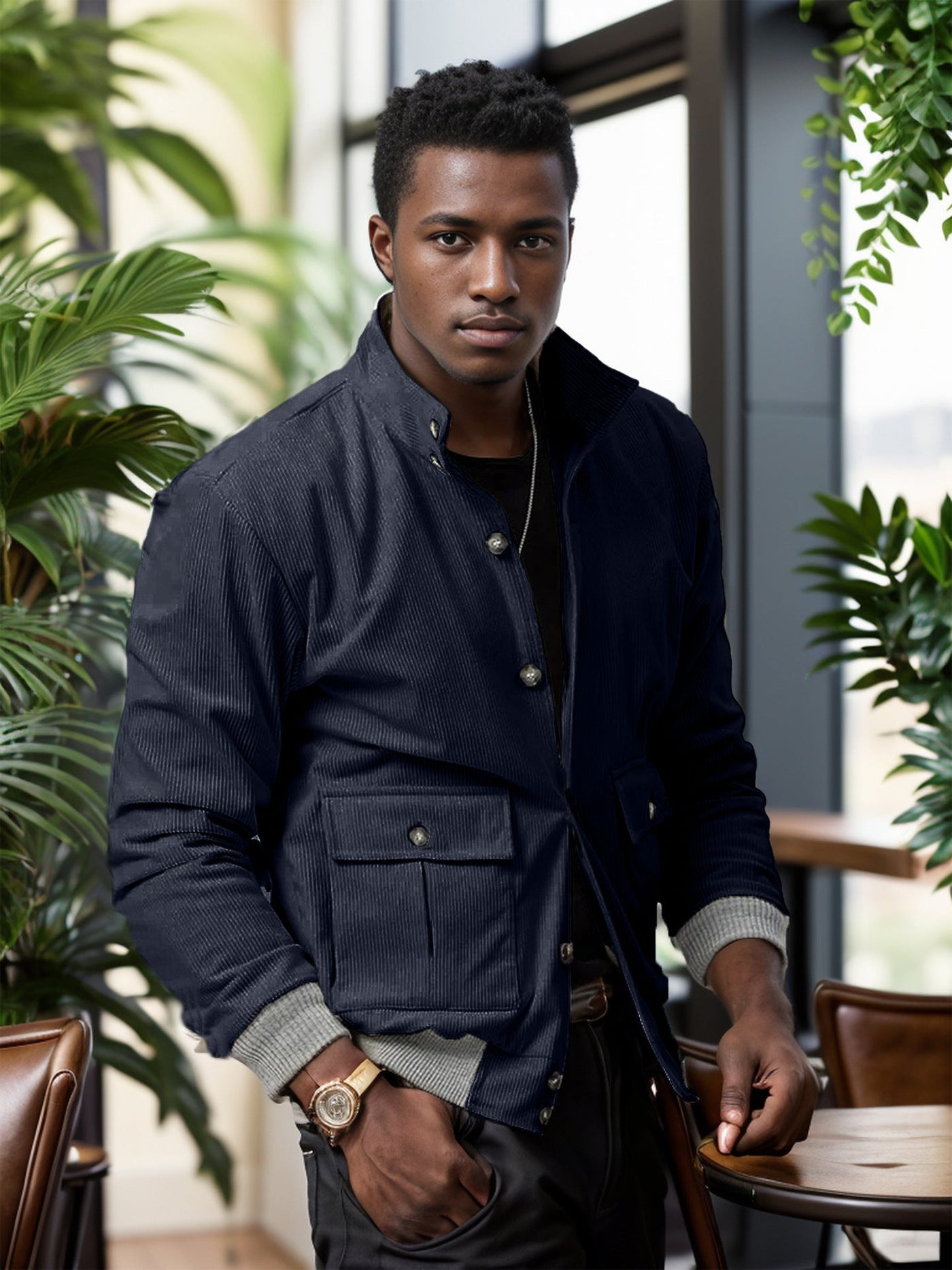 Herren modische Utilityjacke mit praktischen Taschen und modernem Stehkragen Aliams