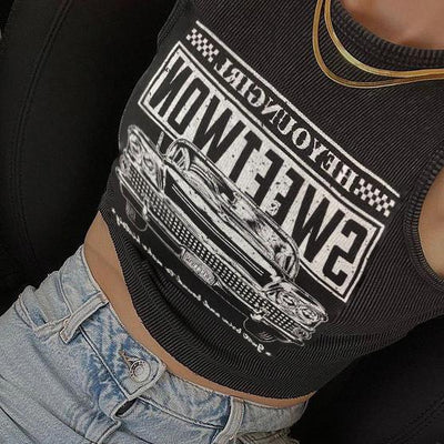 Trendiges Damen Crop-Top mit Auto-Print und Rundhalsausschnitt – Maila