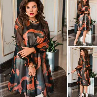 Clint | Fließendes Kleid mit Rundhalsausschnitt, langen Ärmeln und Druck