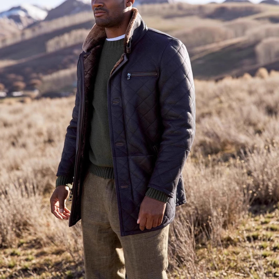 Herren gesteppter Kunstleder-Mantel mit Teddyfell-Kragen Aliams