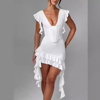 Asymmetrisches Rüschenkleid mit V-Ausschnitt & Figurbetonung – Elira