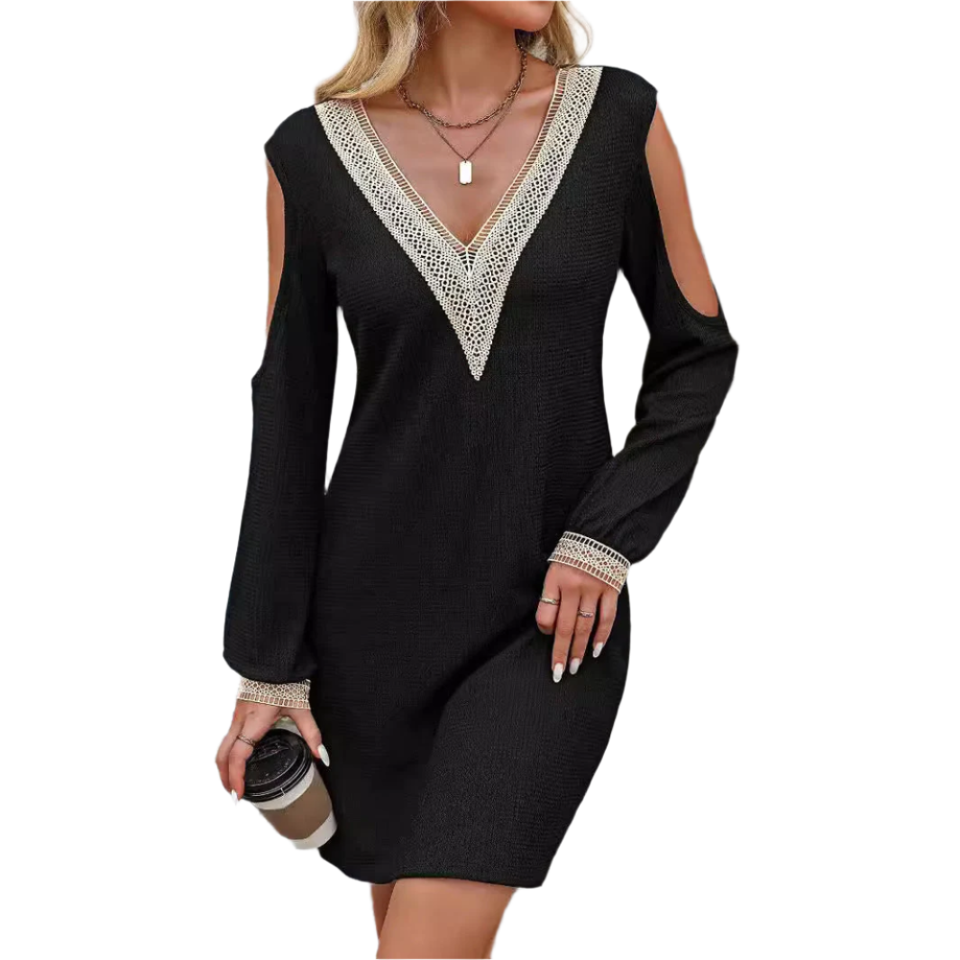 Kleid mit V-Ausschnitt und Spitzenbesatz – Eleganter Langarm-Stil für jeden Anlass