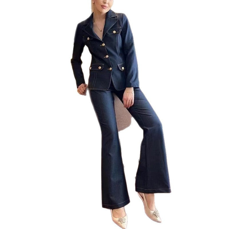 Trendiges Denim-Blazer-Set Damen – Cropped Blazer & High-Waist Hose, vielseitig