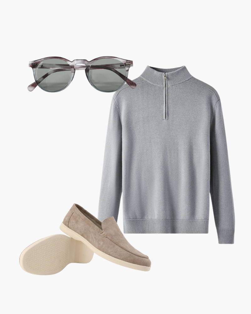 Dominic | Lässig 3-teiliges Passendes Set mit Half Zip-Pullover, Loafern & Runde Sonnenbrille