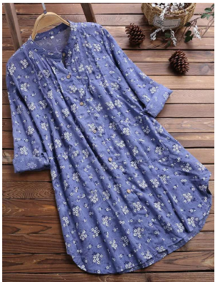 Damen Knopf Daunen Lange Hemd | Blumen