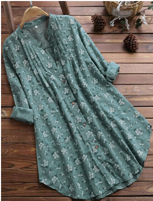 Damen Knopf Daunen Lange Hemd | Blumen