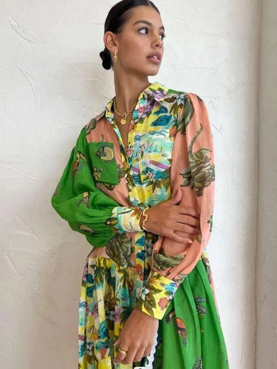 Matilda - Langes Kleid mit Vintage-Print und Polokragen für Damen