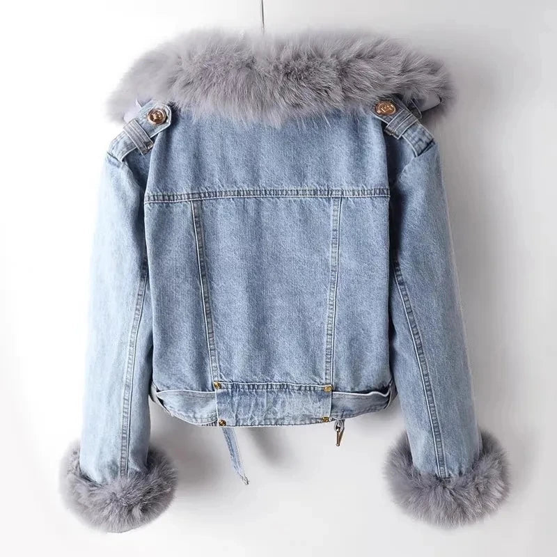 Sarah | Kunstpelzkragen Denim Jacke