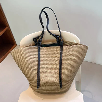 Luxus Boho Strohtasche Damen – Handgemachte Strandtasche mit veganem Leder