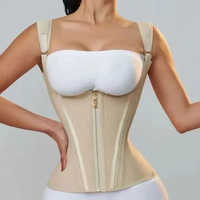 Avelena | Damen Körperformende Weste Tops Doppelte Kompression Taille Trainer Korsett Verstellbarer Reißverschluss Haken-Ösen