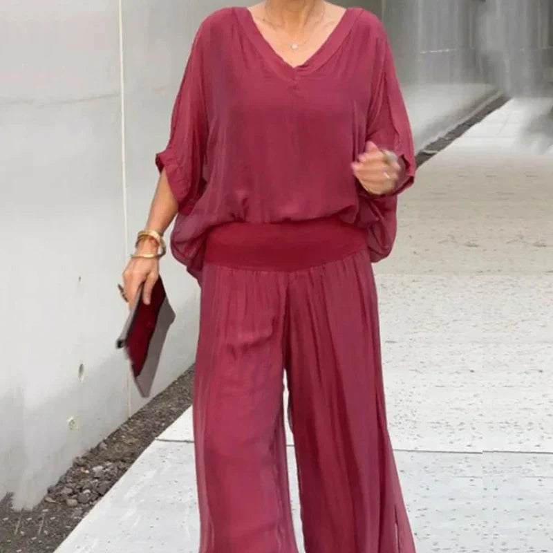 Rocky | Damen Elegantes Chiffon Weitbein-Hosen-Zweiteiler mit V-Ausschnitt