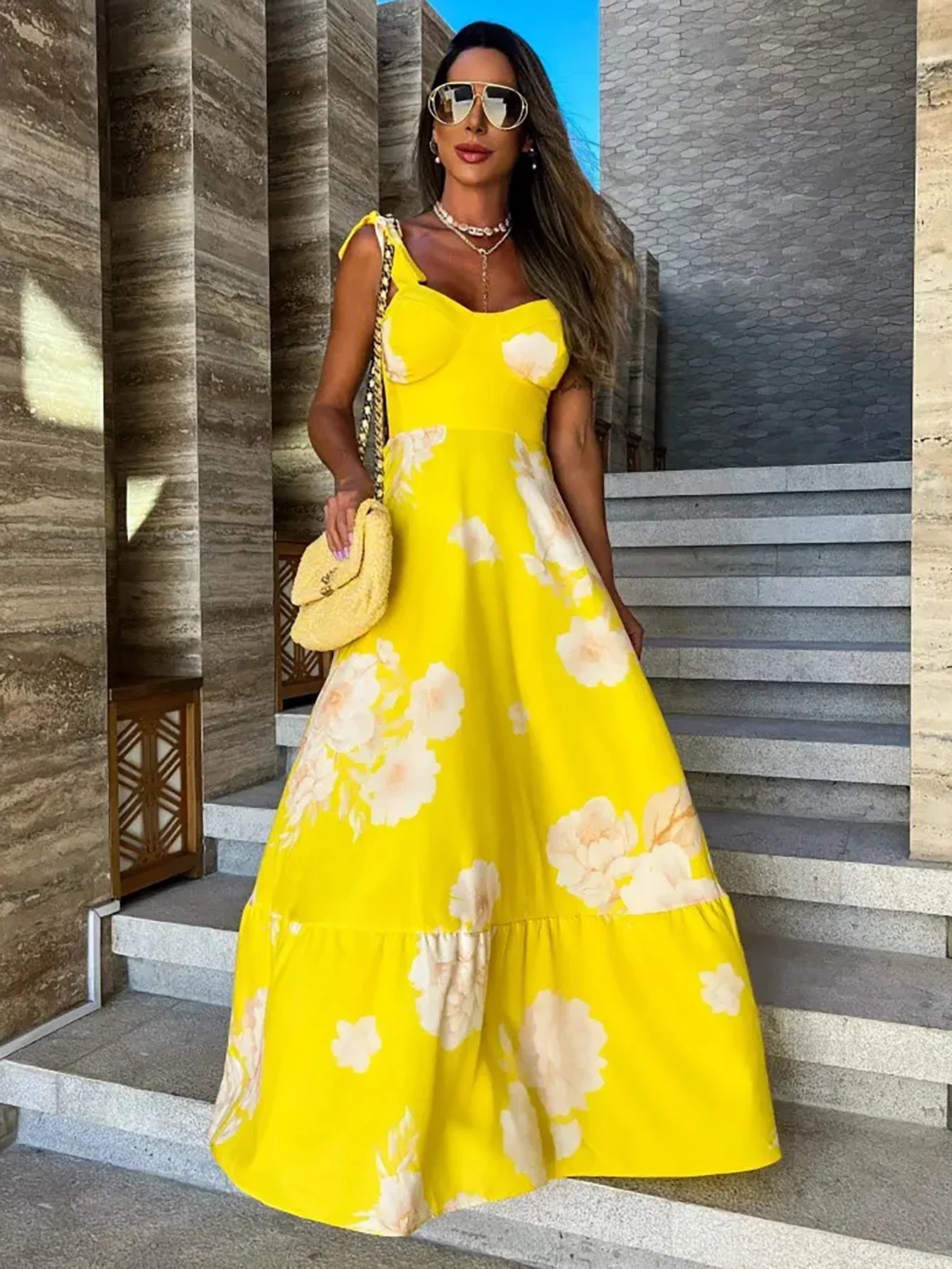 Jessie - Schickes Blumen Maxikleid mit Schlitz Damen