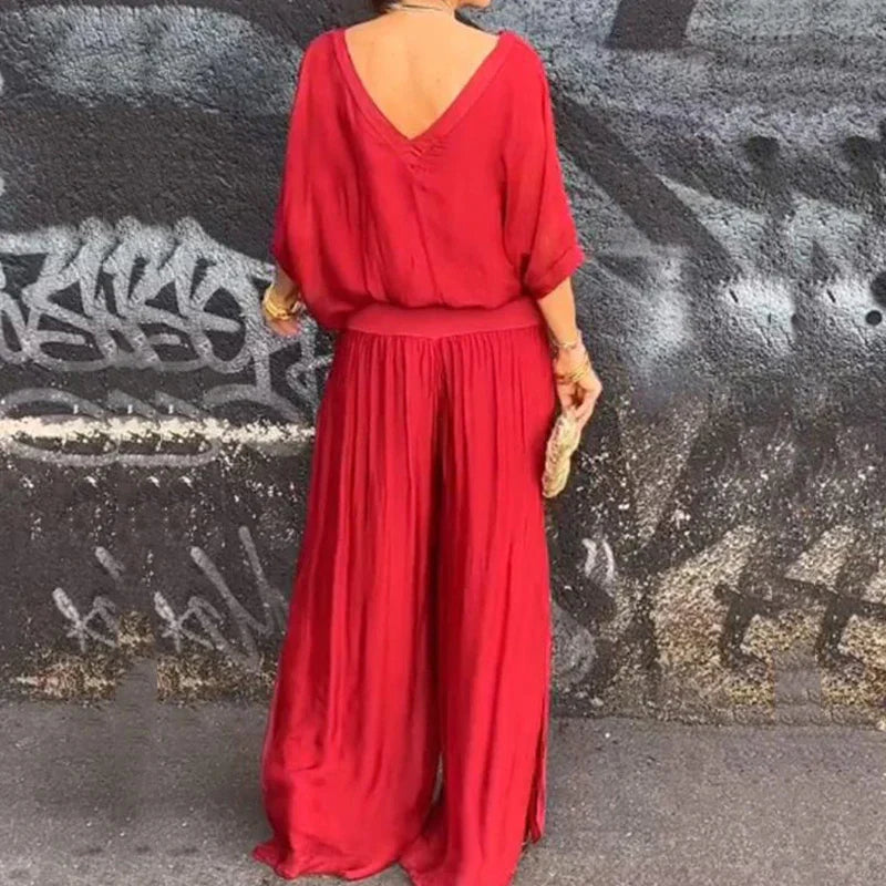 Rocky | Damen Elegantes Chiffon Weitbein-Hosen-Zweiteiler mit V-Ausschnitt
