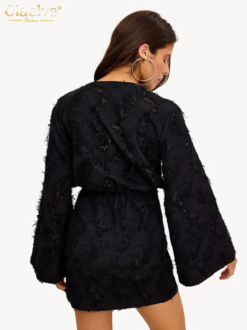 Clacive Herbst Lose Gelb Casual Frauen Kleider 2024 Sexy V-ausschnitt Langarm Mini Kleid Elegante Klassische Hohe Taille Weibliche Kleid