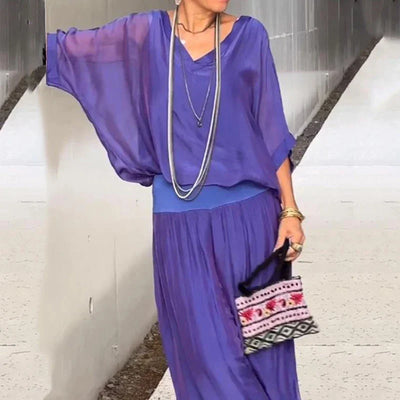 Rocky | Damen Elegantes Chiffon Weitbein-Hosen-Zweiteiler mit V-Ausschnitt