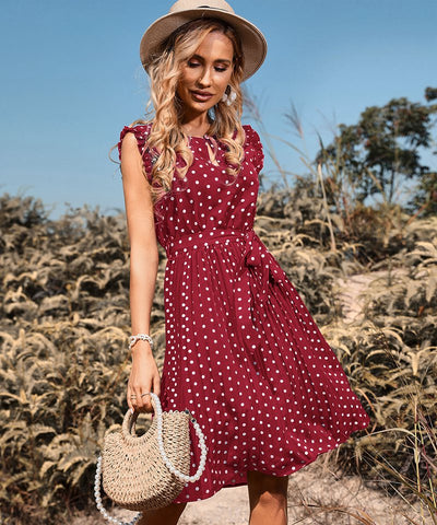 Leodessa - Damen Punkte Kleid Maxi Plissee