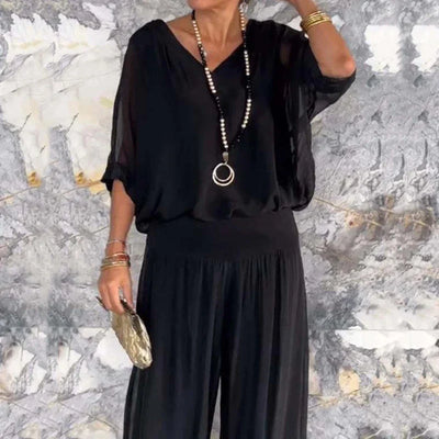 Rocky | Damen Elegantes Chiffon Weitbein-Hosen-Zweiteiler mit V-Ausschnitt