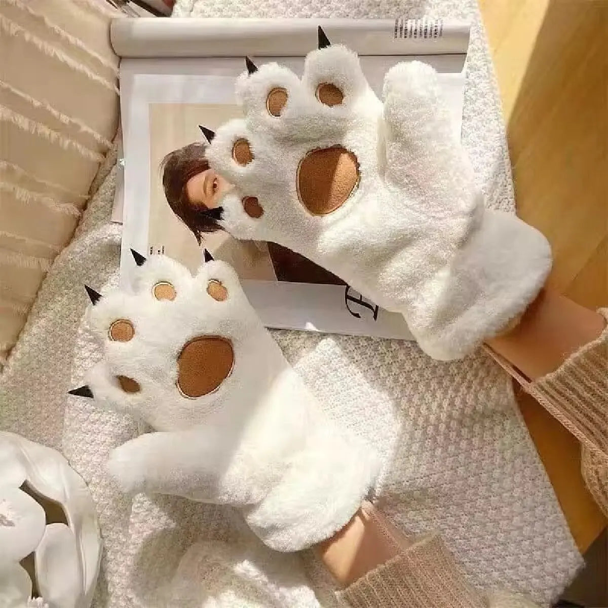 Avelena | Damen Plüsch Bärenpfote Handschuhe - Flauschige Warme Vollfinger Tierhandschuhe