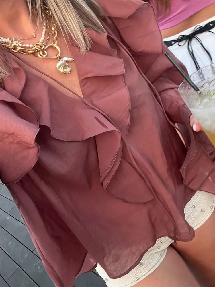 Transparente Volantbluse in Braun – Feminin, Elegant & Ausdrucksstark