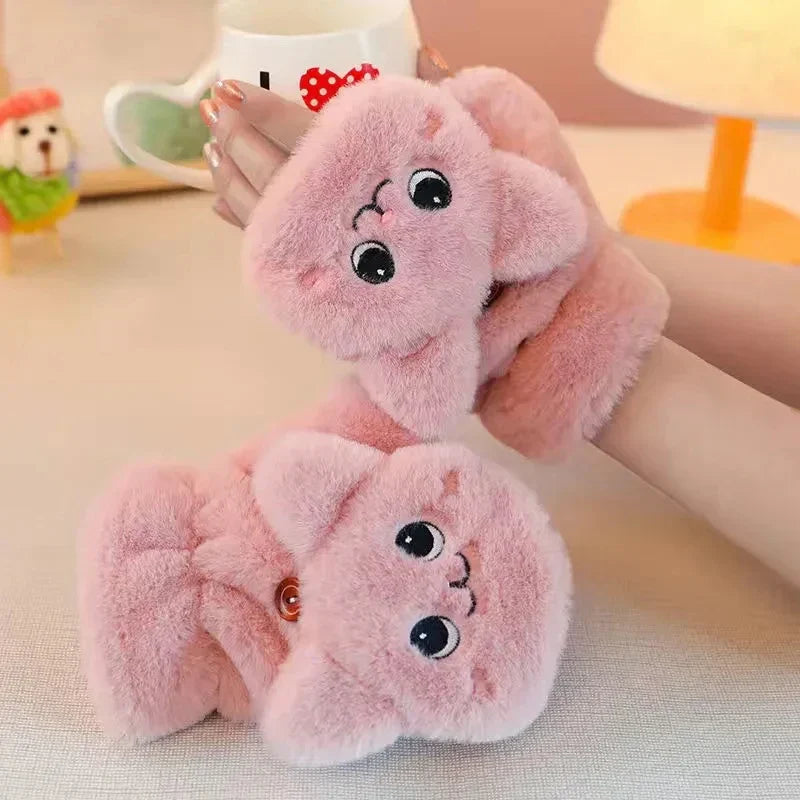 Avelena | Damen Plus Flip Fäustlinge - Dickes Kaninchenfell Halbfingerhandschuhe