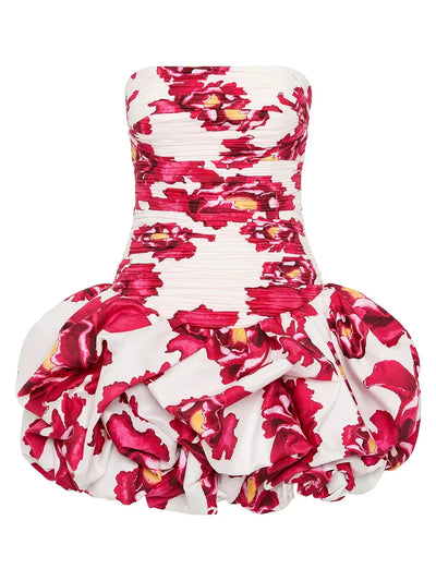 Schulterfreies Mini Kleid mit Ballonrock und floralem Muster für Damen