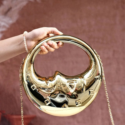 2025 Modische Acryl Damen Handtasche Mondform Abendtasche mit Hartschale in Gold und Silber