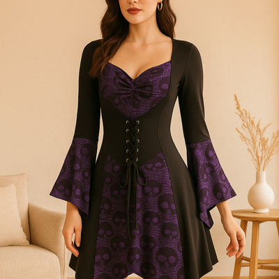 SkullLace Gothic Bluse – Damenbluse mit Totenkopf-Print & Taillenschnürung