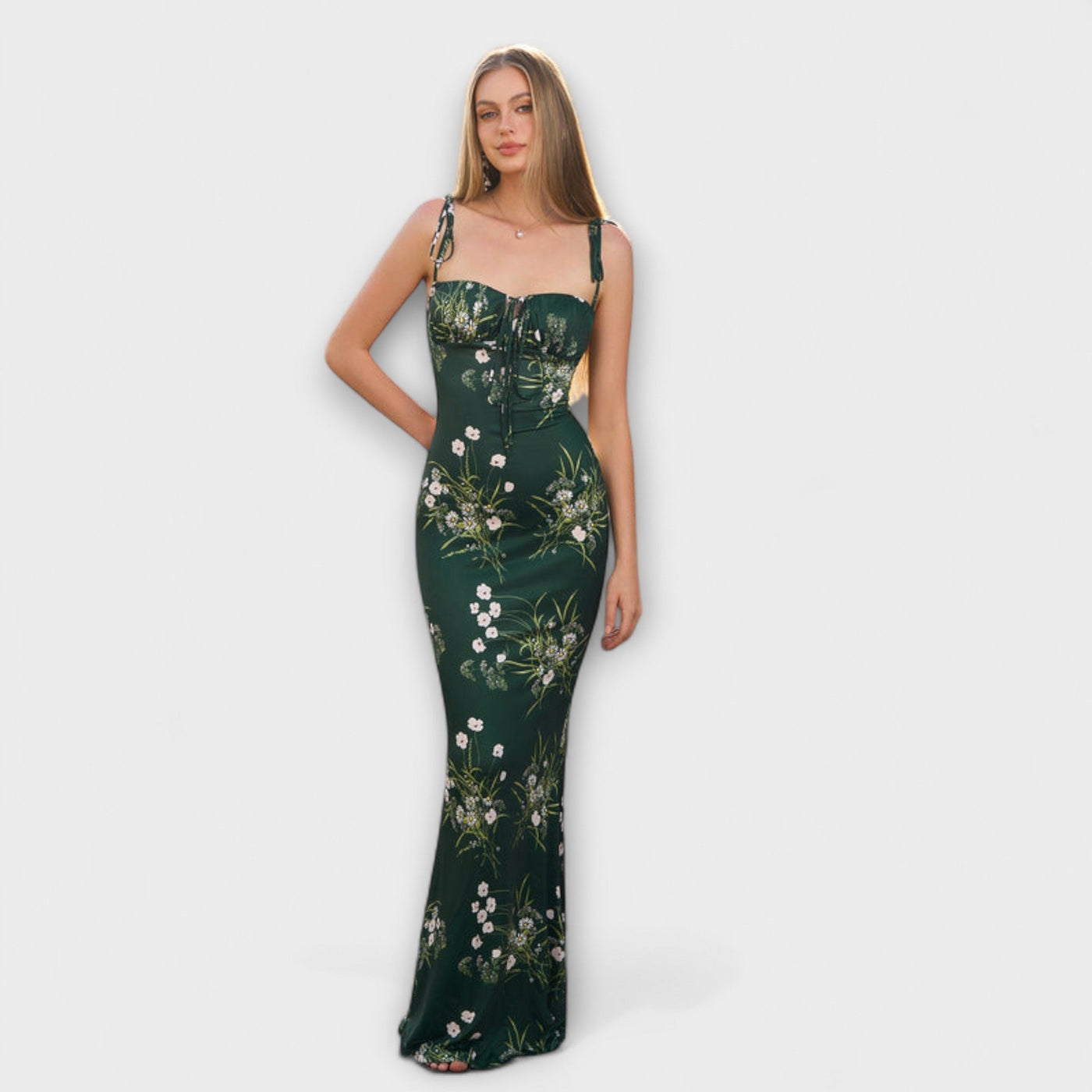 Thalia - Floral Print Prom Dress with Tied Shoulder Straps