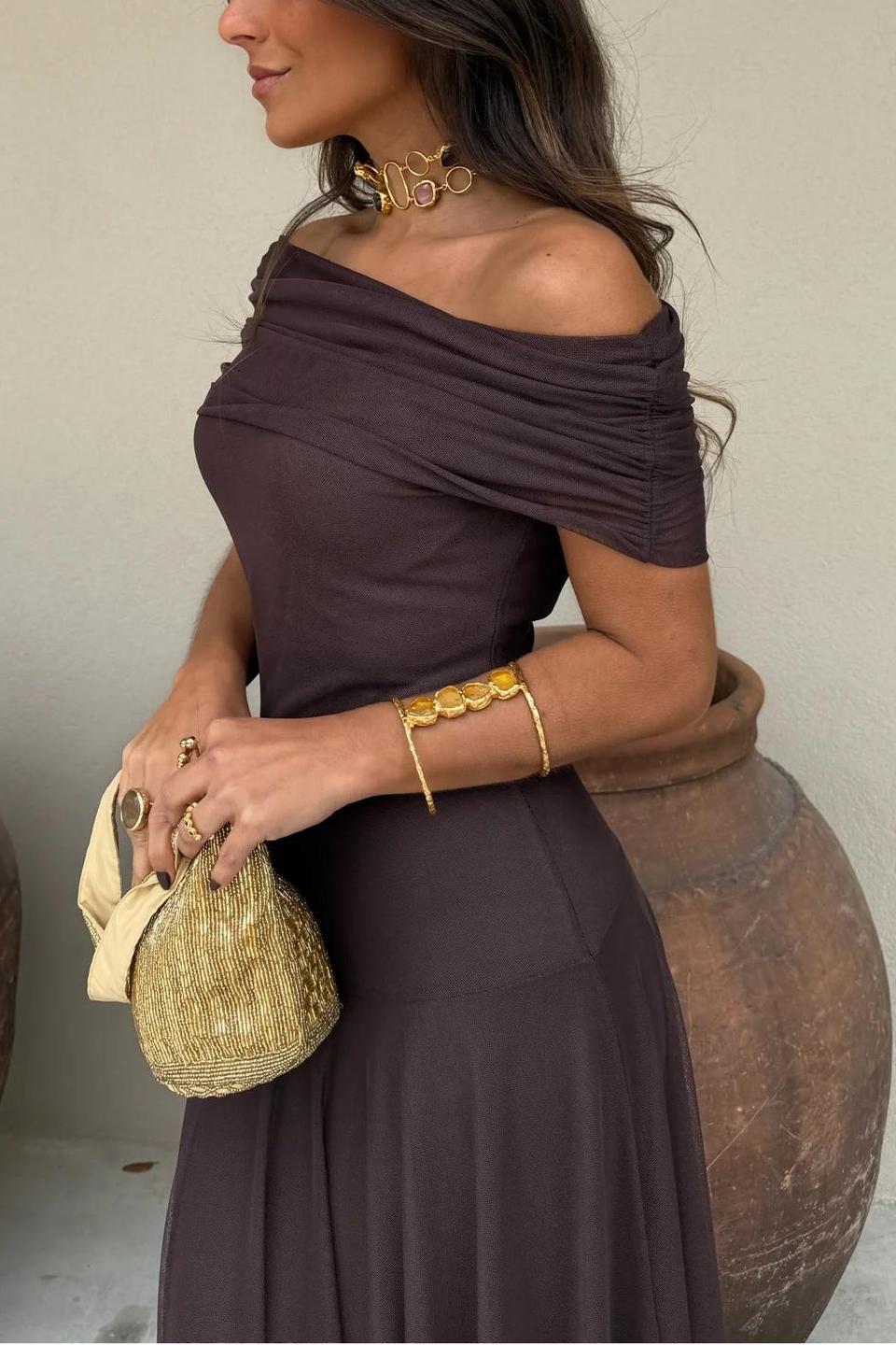 Waze | Toledo Ein-Schulter Mesh Maxikleid