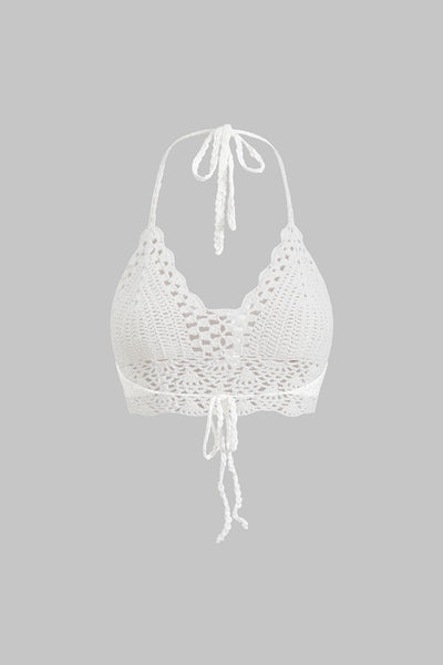 Nora | Weiß Handgehäkeltes Boho-Crop-Top mit Neckholder & verstellbaren Bindebändern