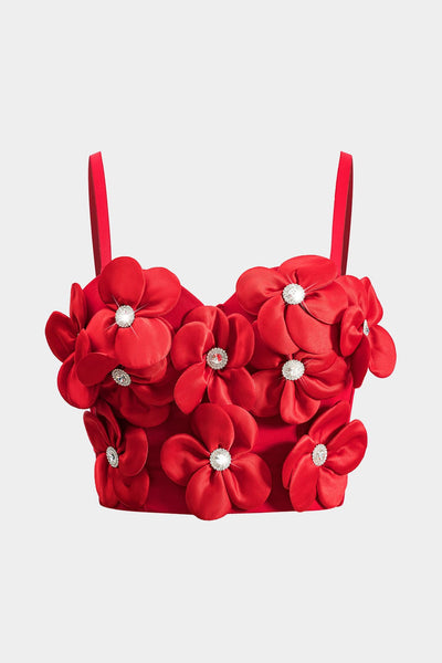 Kristina | Rot Romantisches Bustier-Top mit 3D-Blumen & Strassdetails