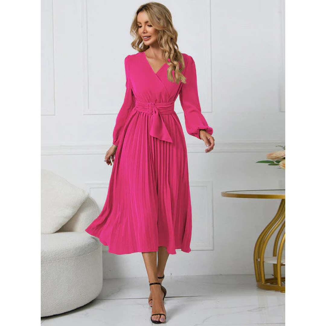 Damen V Ausschnitt Plissierter Taillengürtel Kleid | Midi