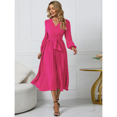 Damen V Ausschnitt Plissierter Taillengürtel Kleid | Midi