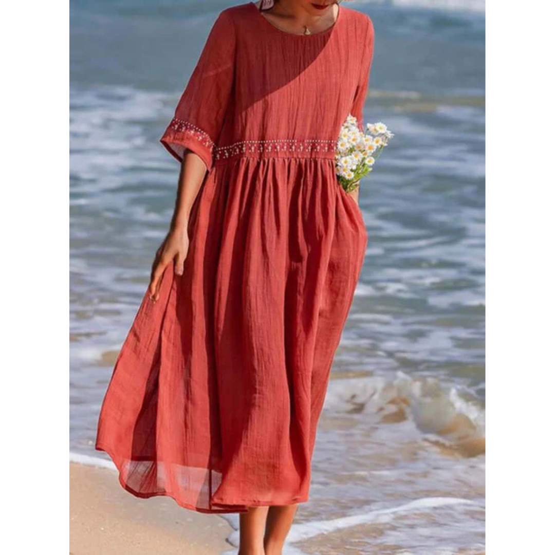 Damen Lose Bestickt Rundhalsausschnitt Kleid | Maxi