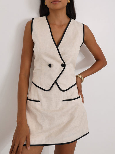 Wyatt | Julii Leinen-Mix Kontrastbesatz Maßgeschneiderter Skort | Beige & Schwarz